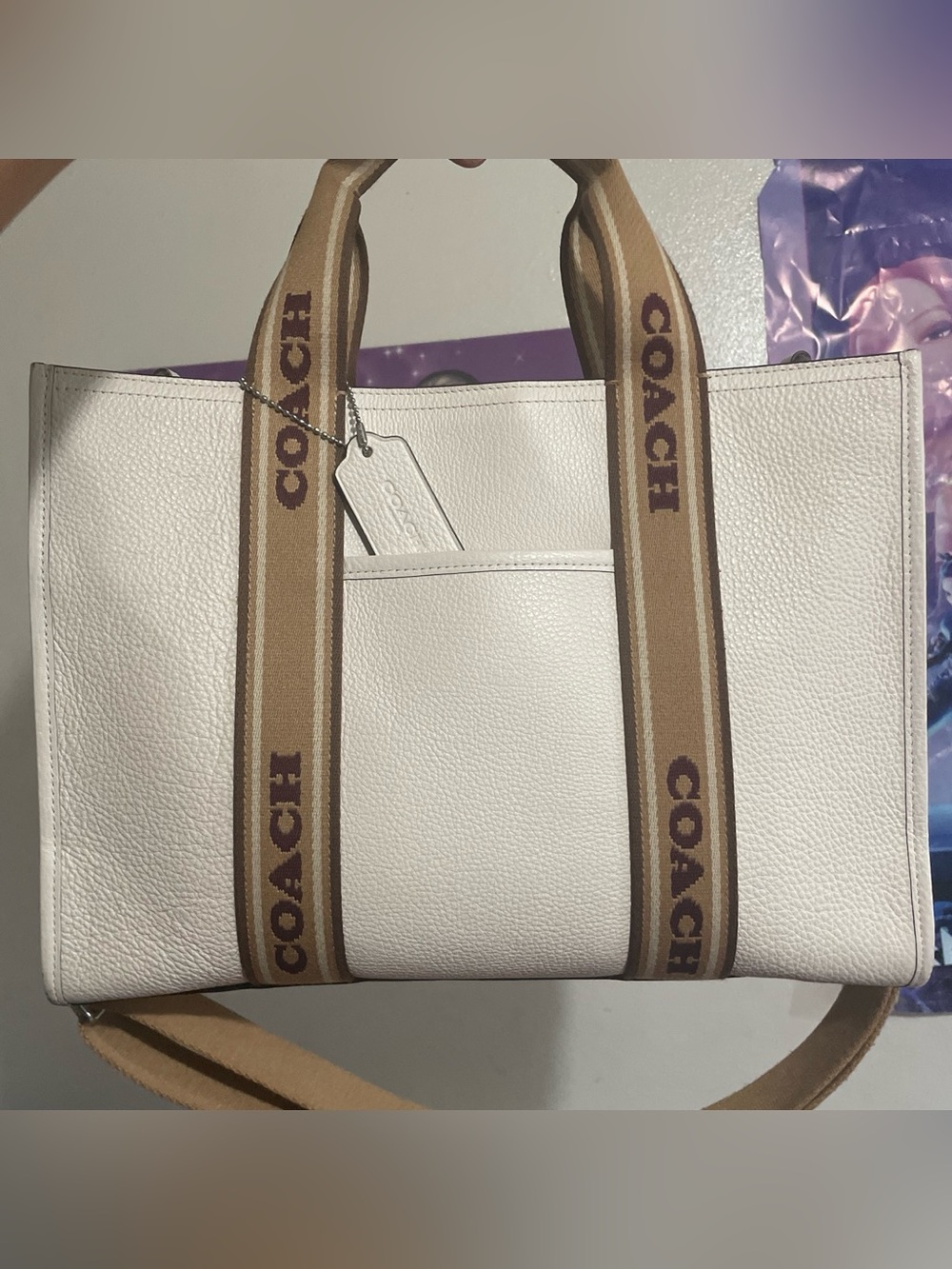 Coach White Pebbled Leather Tote with Tan Signature Straps